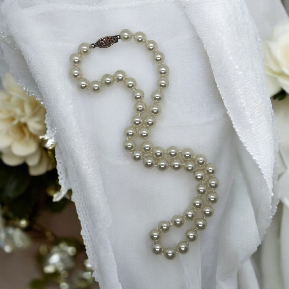 Vintage Faux Pearl Necklace-18''-Knotted-8mm Beads-Filigree Clasp-Bridal-Wedding